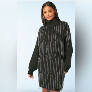 NWT Forever 21 Rhinestone Black Turtleneck Sweater dress with dangling diamond